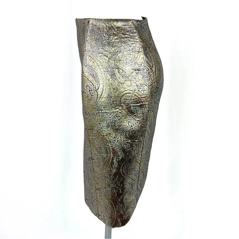 Jenni Kayne Metallic Brocade Knee Length Pencil Skirt XS Designer Silk Blend
